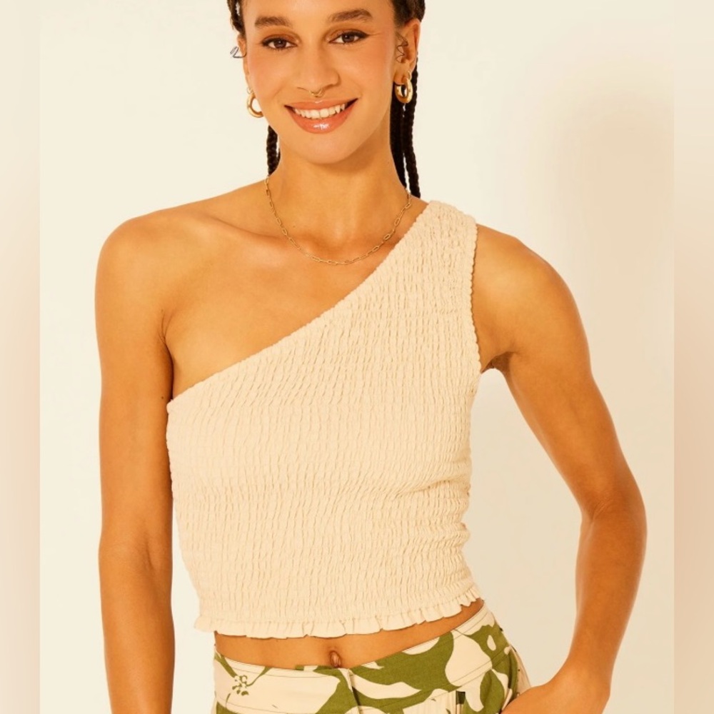 Free People Beige One-Shoulder Crop Top
